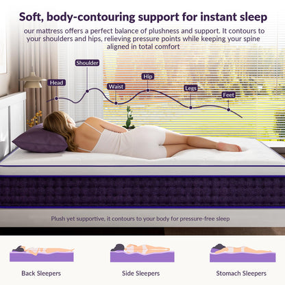 12 Inch Queen Mattress - Plush Hybrid Mattress in a Box, Cooling Gel Memory Foam for Side Sleepers, Cloud-Like Pressure Relief, Fiberglass-Free, 365-Night Trial (Queen)